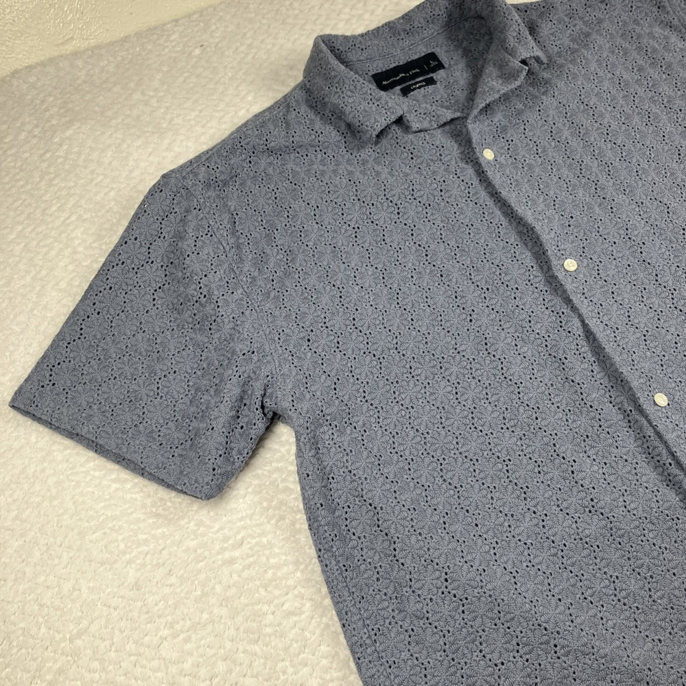 Abercrombie & Fitch Cropped Mens L Camp Collar Eyelet Lace Short Sleeve Blue - Picture 6 of 12